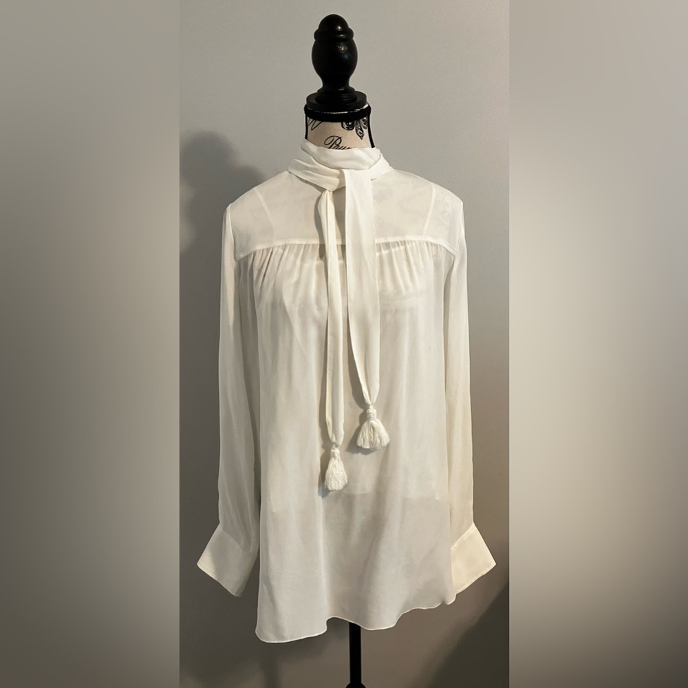 100% silk NWT See by Chloe white blouse with mock neck and tassels (40)